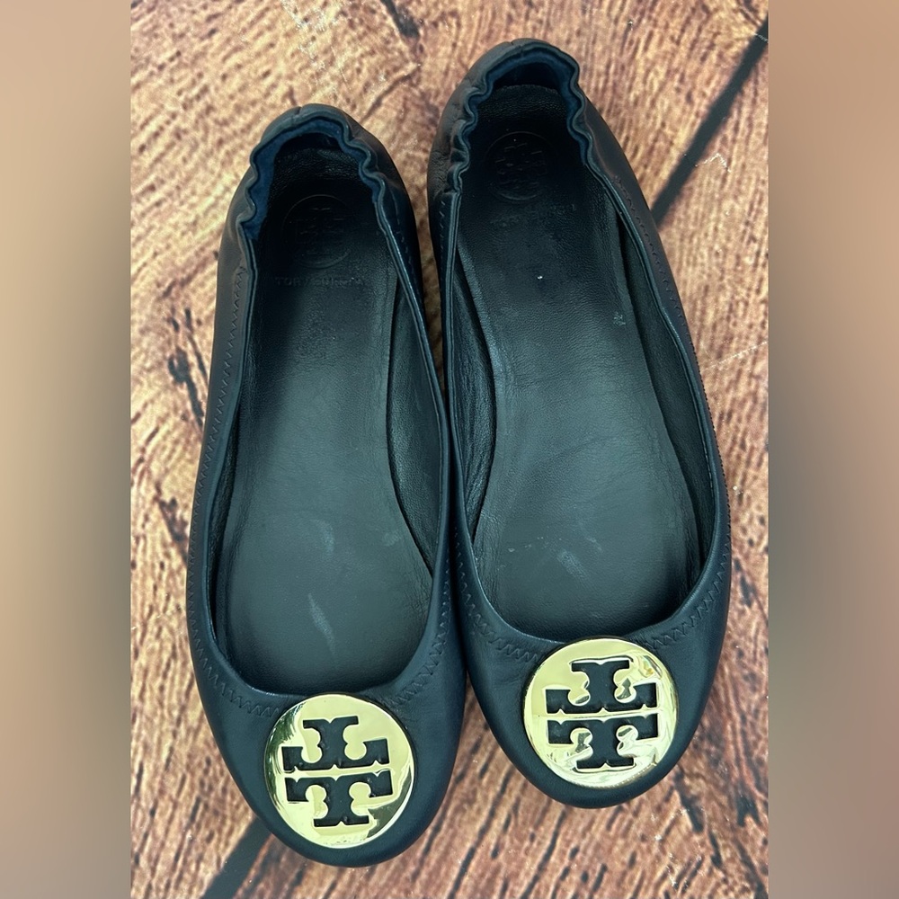 TORY BURCH Reva Blue‎ leather gold metal logo detail ballet flats shoes size 7